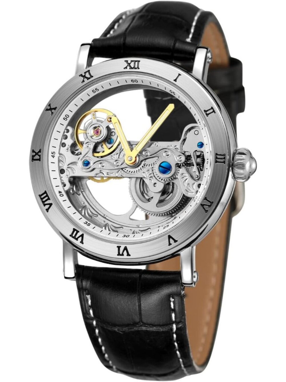 Men's Black White Unique Design Automatic Genuine Leather Strap Skeleton Watch